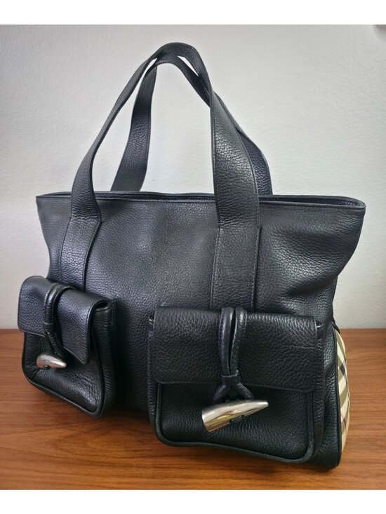 Burberry Handbags - Burberry Black Pebble Leather Horn Toggle Tote Bag Nova Check Side Panels Italy